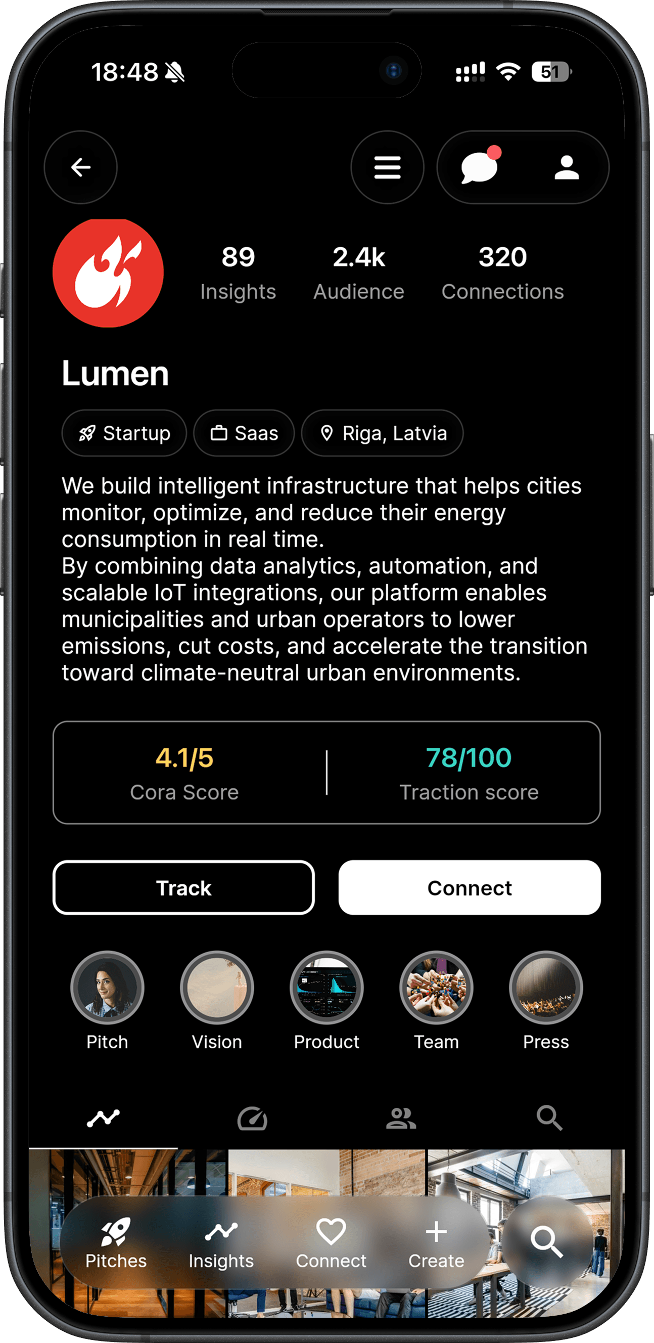Cora Score — Profil mit Rating und KPI-Aufschlüsselung